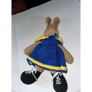 Handmade Crocheted Blue Yellow Plush Rabbit Bunny Stuffed Toy 15”